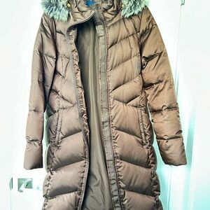 Women's Lands End Brown Puffer Coat with Faux Fur Hood, 38" long